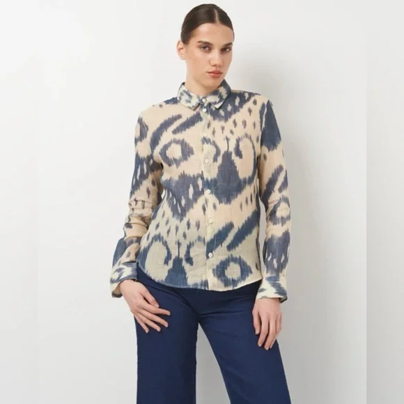 Zara Beige and Navy Patterned Button Down Shirt - Picture 1 of 5